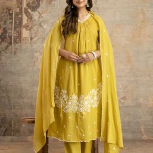 Yellow Embroidered Straight Kurta Set with Dupatta