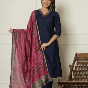 Navy Blue Floral Print Straight Kurta Set with a Printed Dupatta