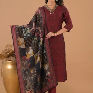 Maroon Floral Print Straight Kurta Set with a Printed Dupatta